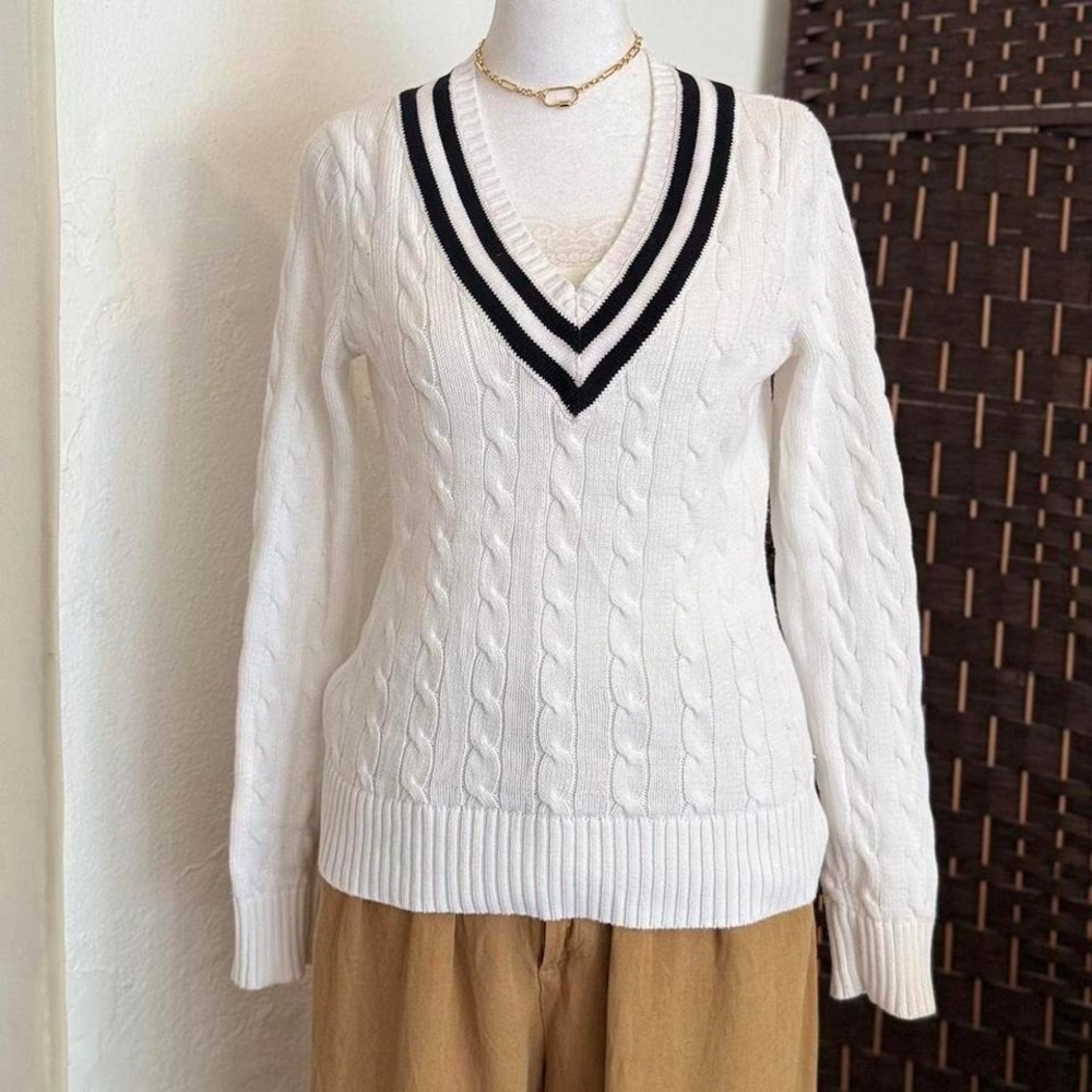 Ralph Lauren White Cable Knit Sweater Women's V Neck Striped Collar Top - Picture 5 of 8